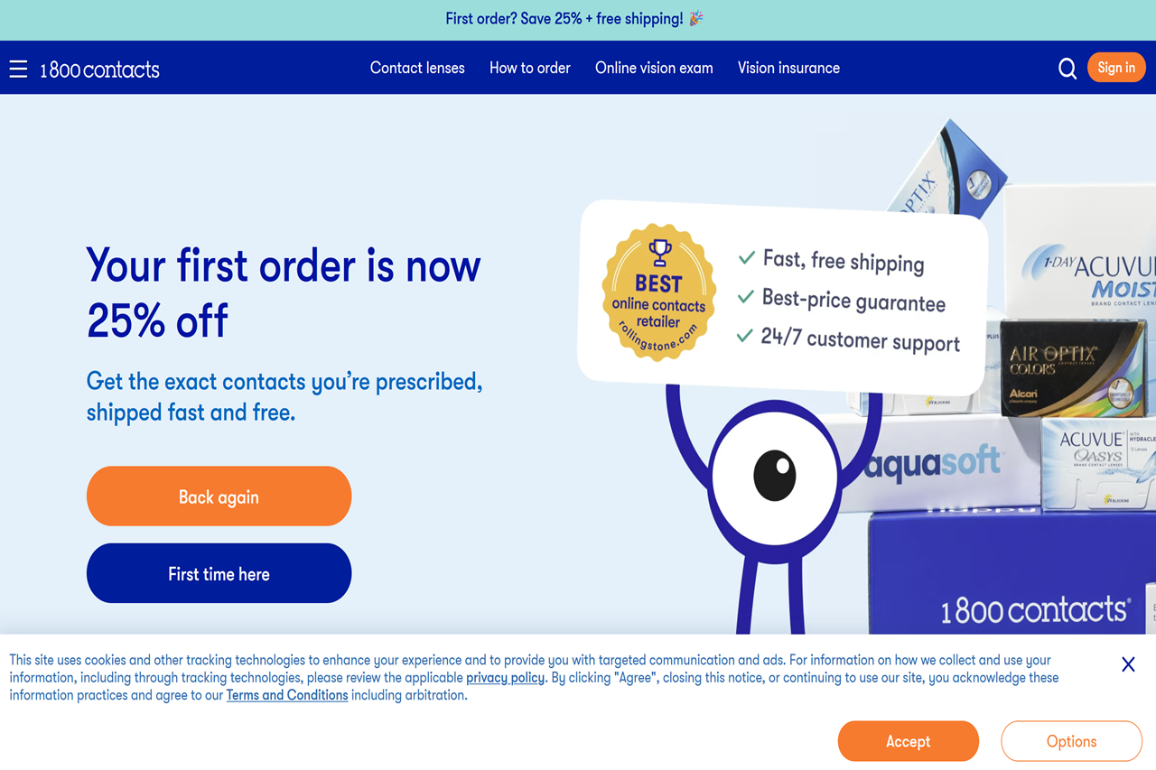 Screenshot of the 1-800 Contacts homepage