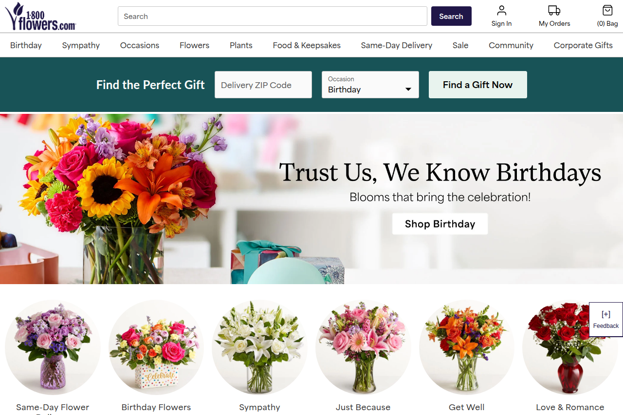Screenshot of the 1-800-Flowers homepage