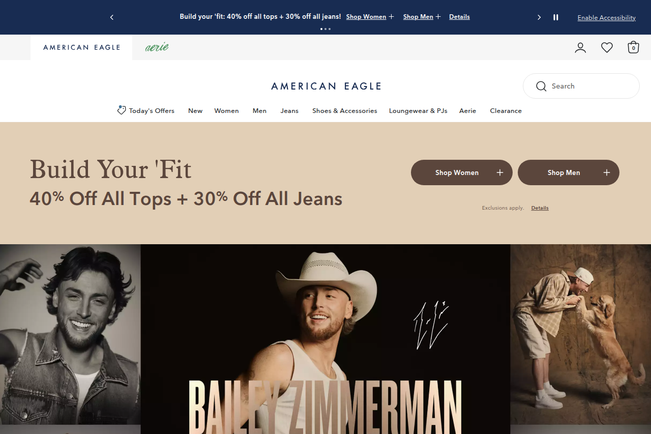 Screenshot of the American Eagle homepage