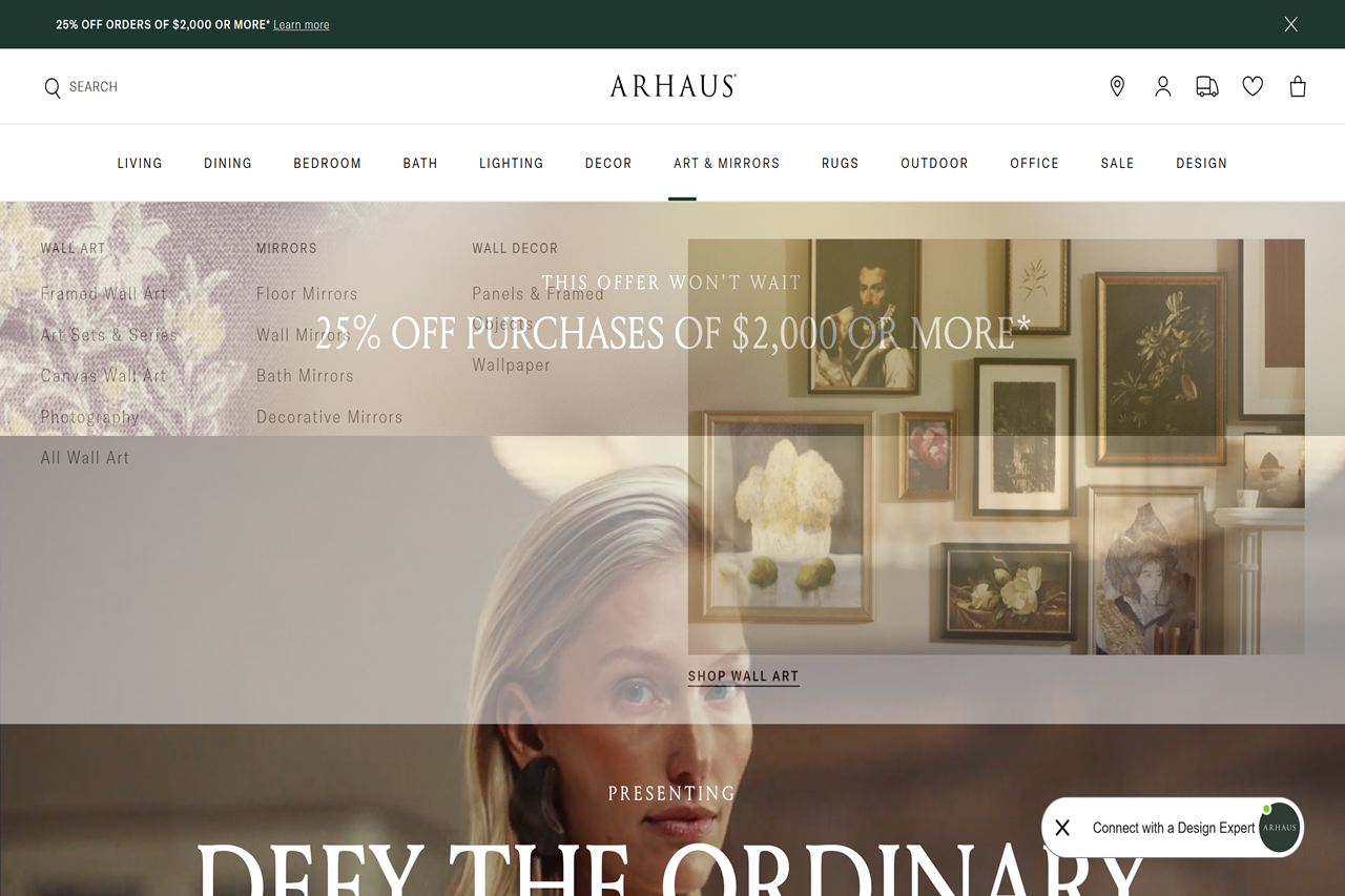 Screenshot of the Arhaus homepage