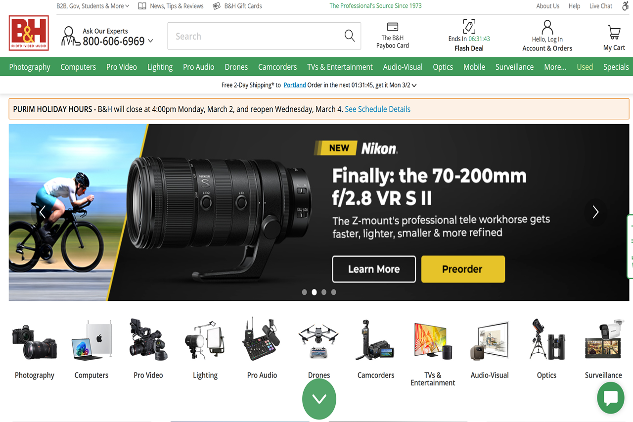 Screenshot of the B&H Photo Video homepage