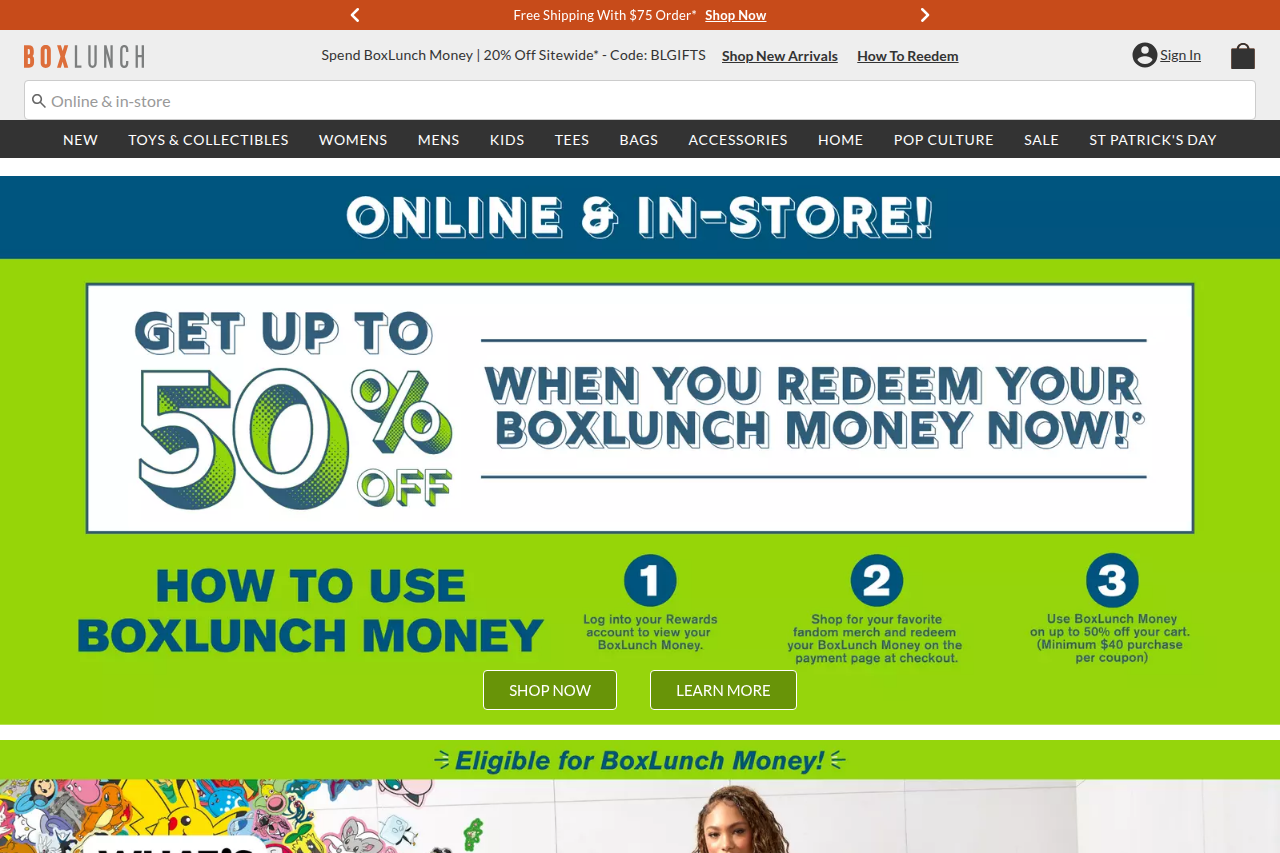 Screenshot of the BoxLunch homepage