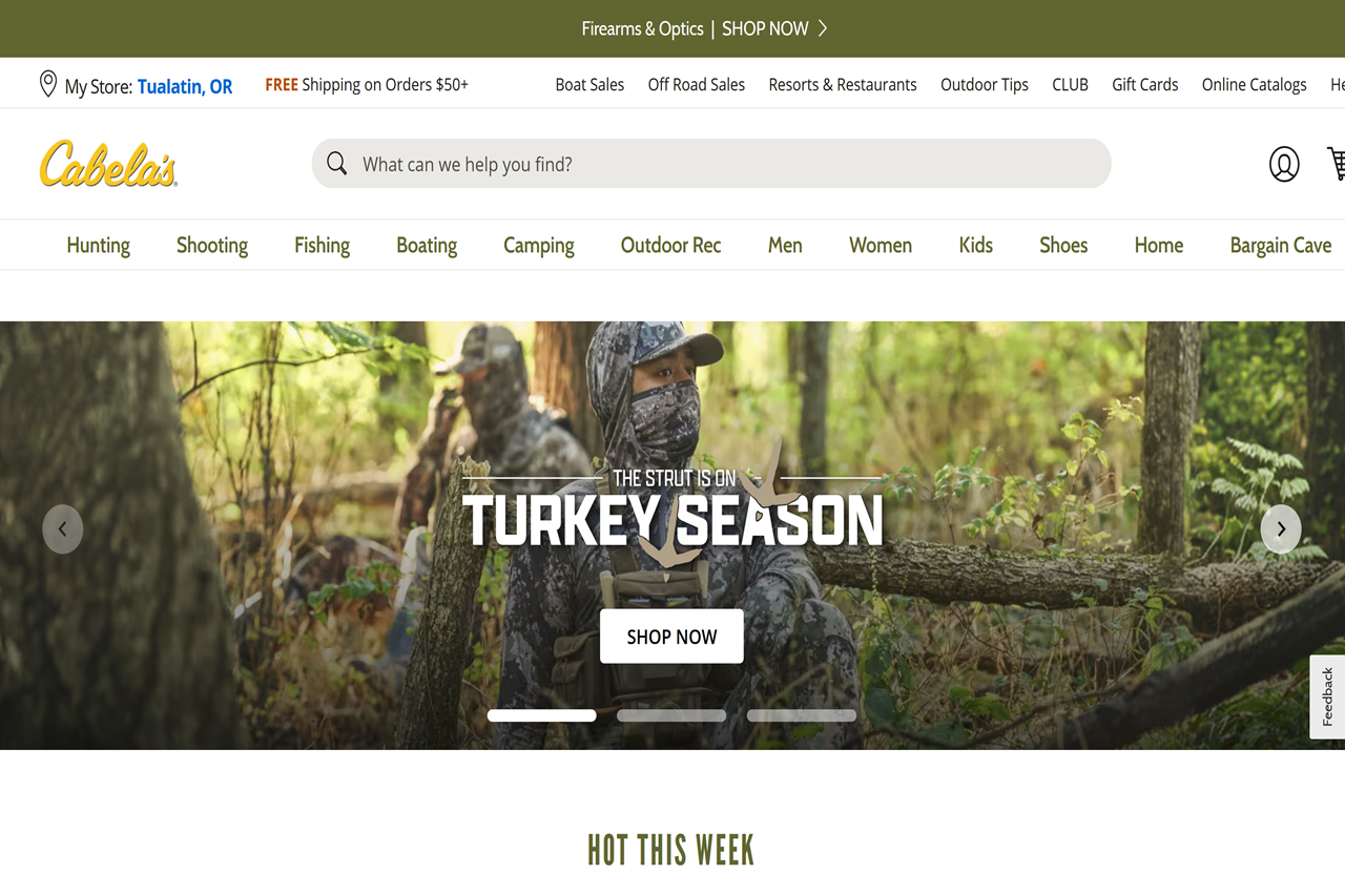 Screenshot of the Cabela's homepage