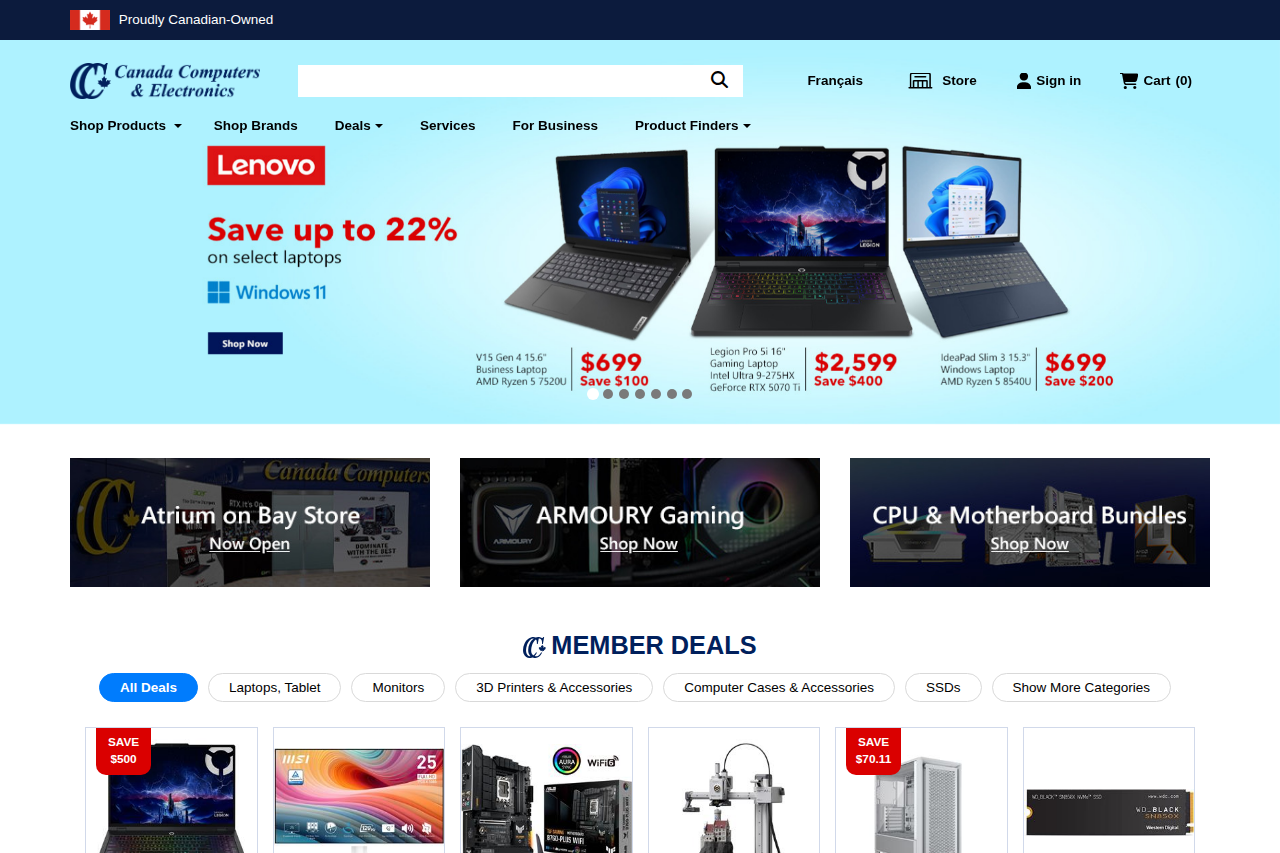 Screenshot of the Canada Computers homepage