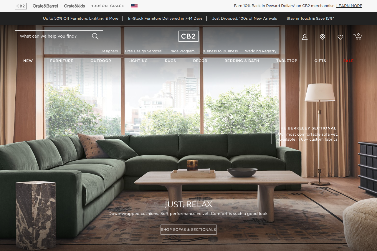 Screenshot of the CB2 homepage
