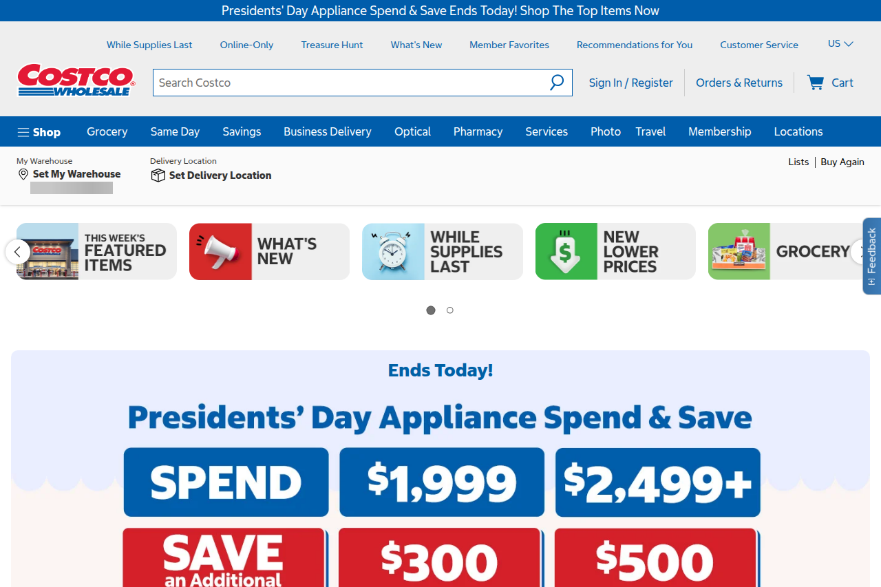 Screenshot of the Costco homepage
