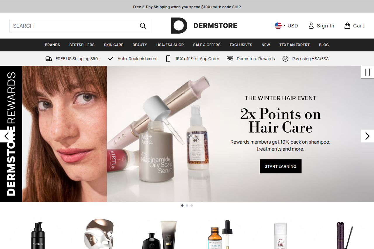 Screenshot of the Dermstore homepage