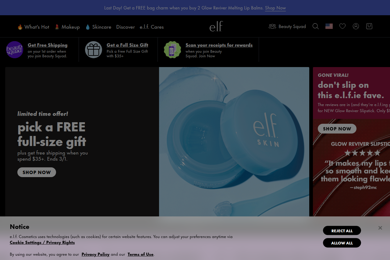 Screenshot of the e.l.f. Cosmetics homepage