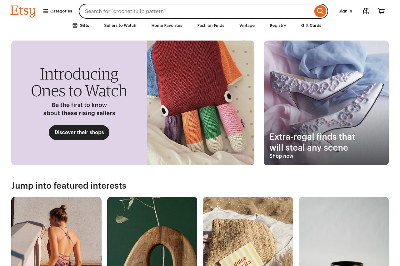 Screenshot of the Etsy homepage