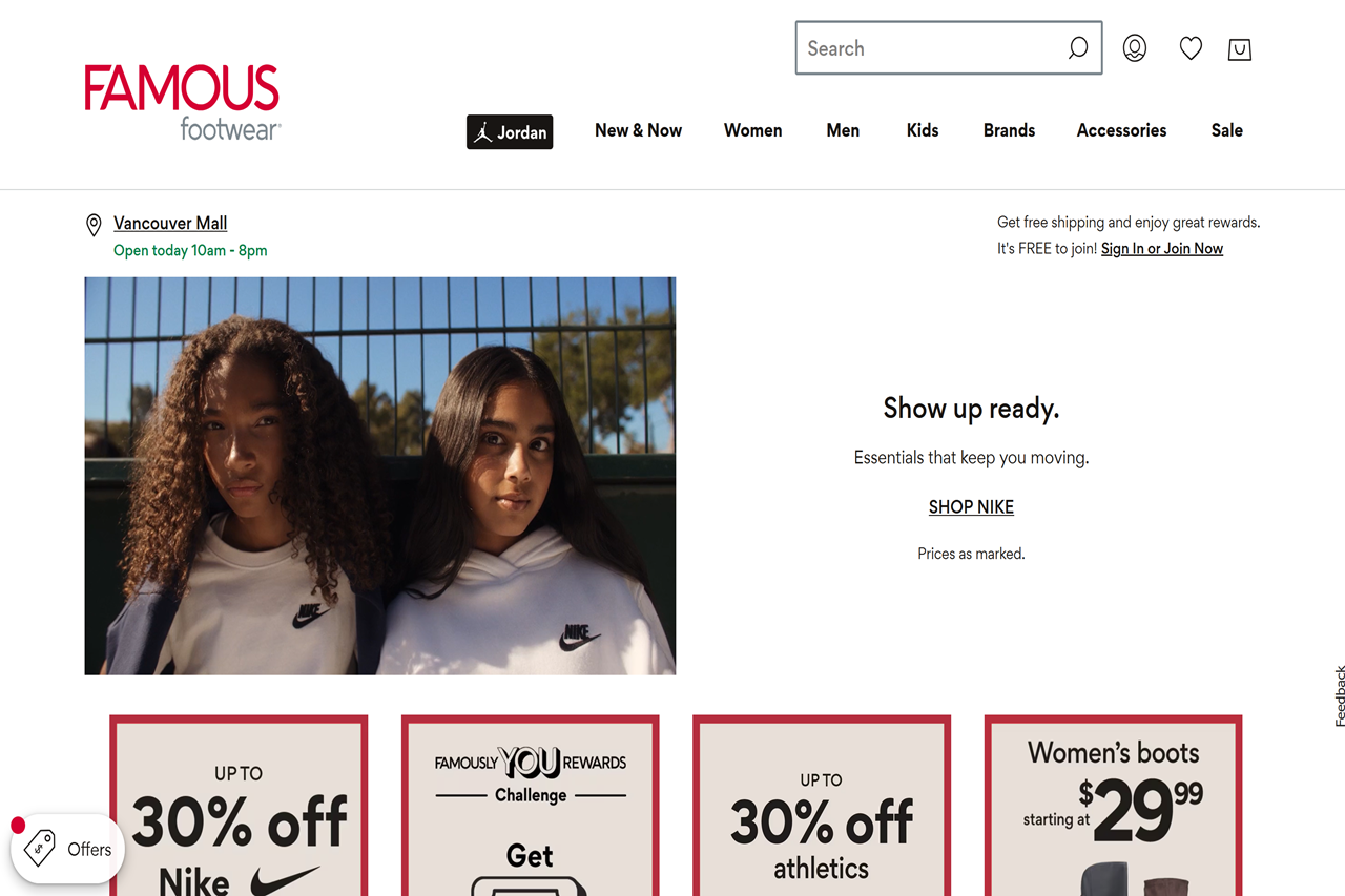 Screenshot of the Famous Footwear homepage