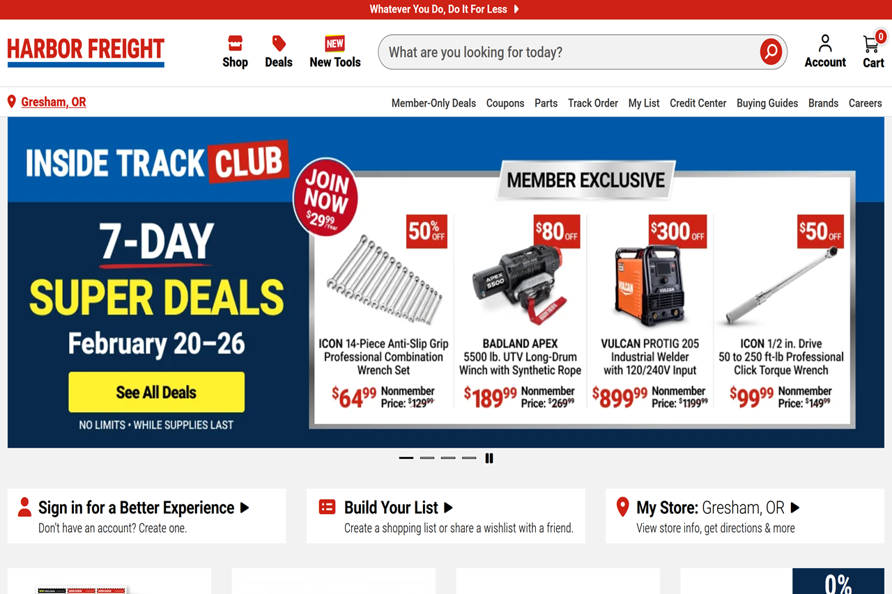 Screenshot of the Harbor Freight Tools homepage