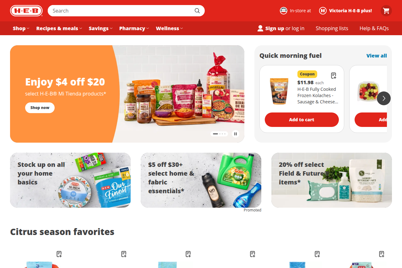Screenshot of the H-E-B homepage