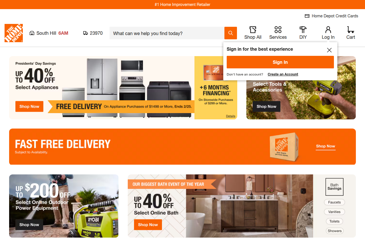 Screenshot of the Home Depot homepage