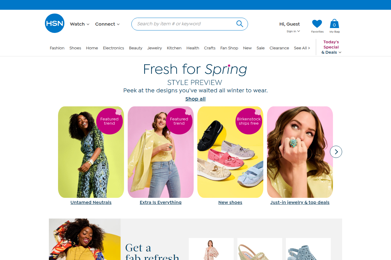 Screenshot of the HSN homepage