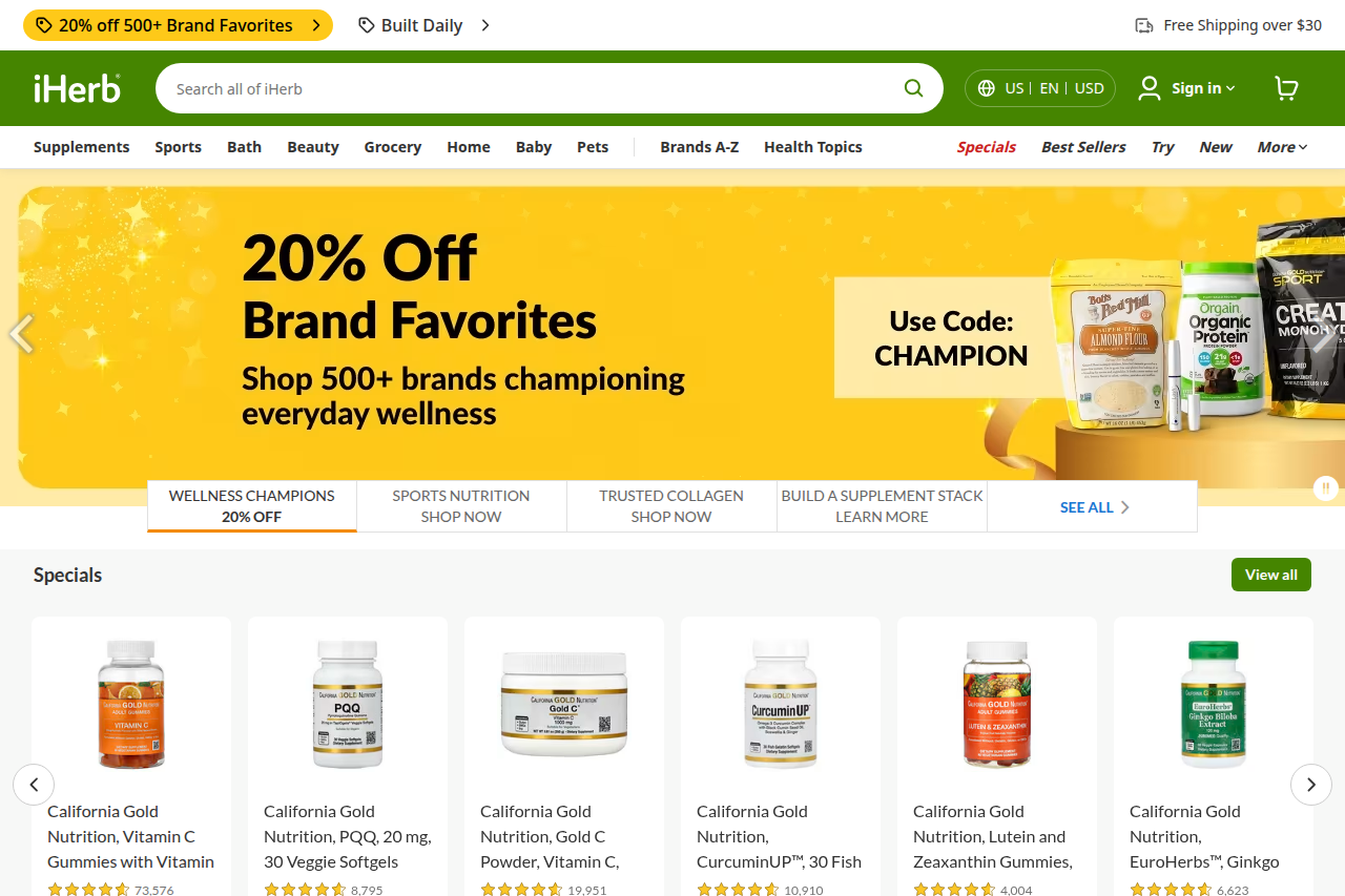 Screenshot of the iHerb homepage