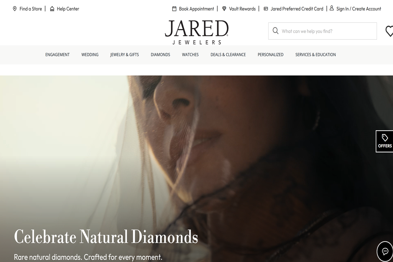 Screenshot of the Jared homepage