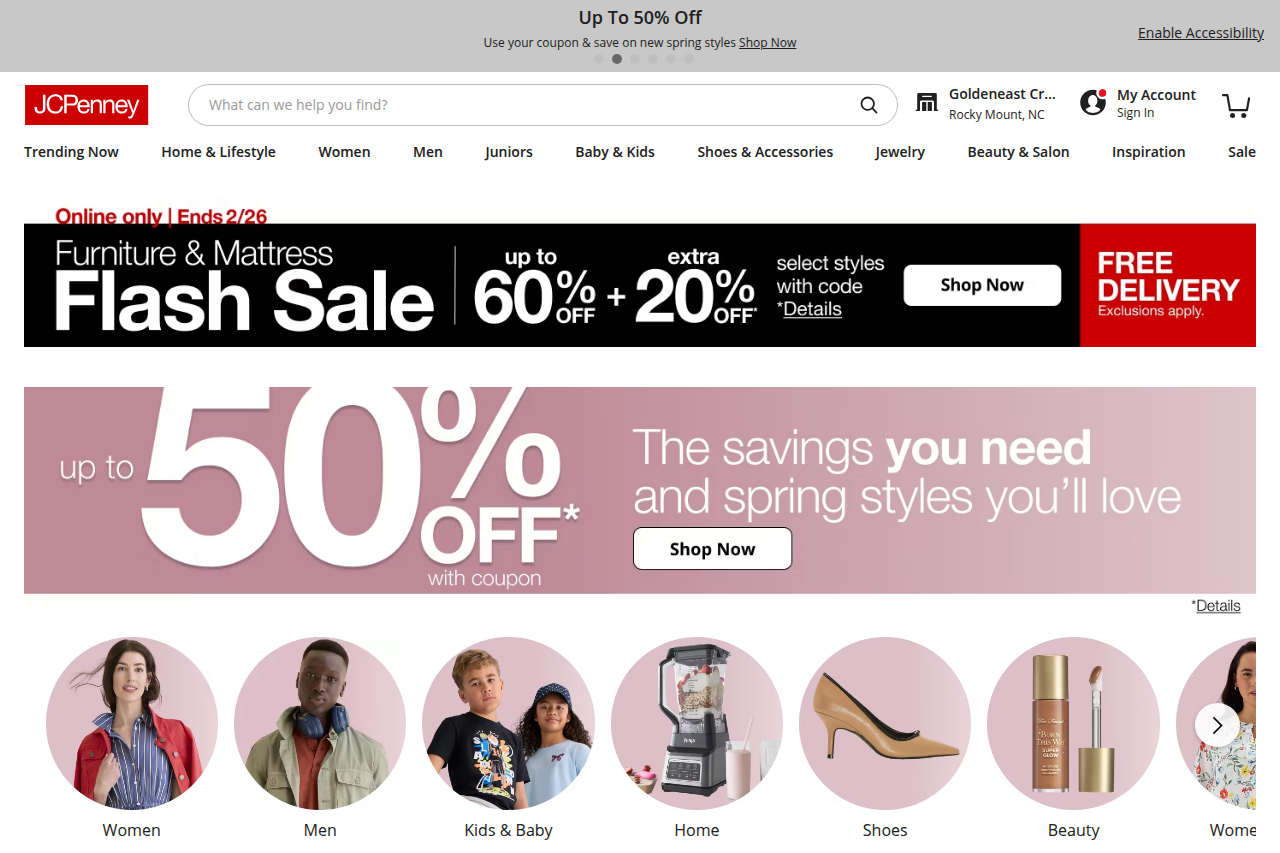 Screenshot of the JCPenney homepage