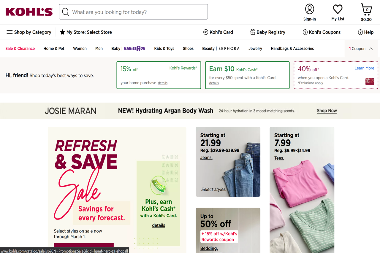 Screenshot of the Kohl's homepage