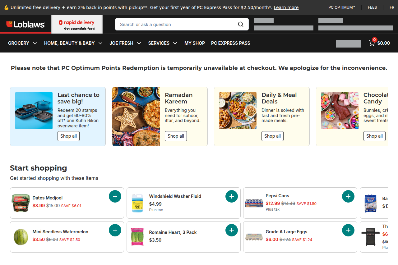 Screenshot of the Loblaws / PC Optimum homepage