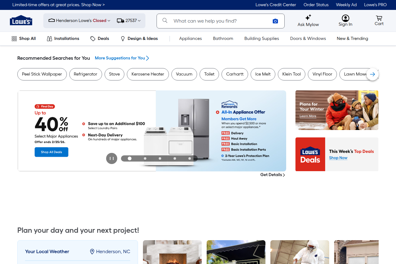 Screenshot of the Lowe's homepage