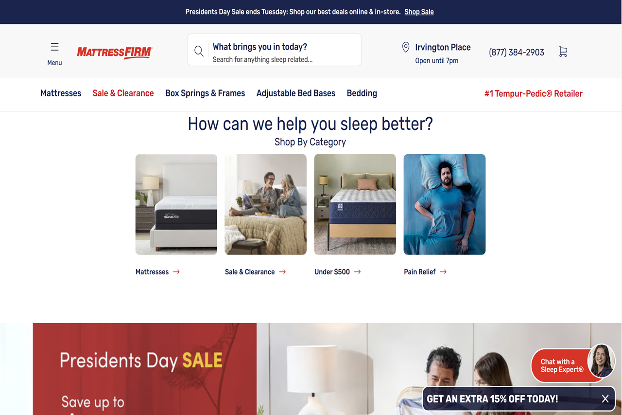 Screenshot of the Mattress Firm homepage
