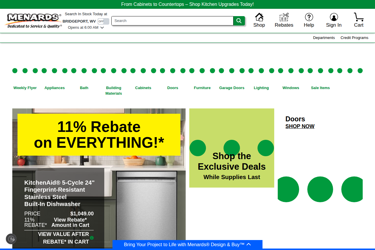 Screenshot of the Menards homepage
