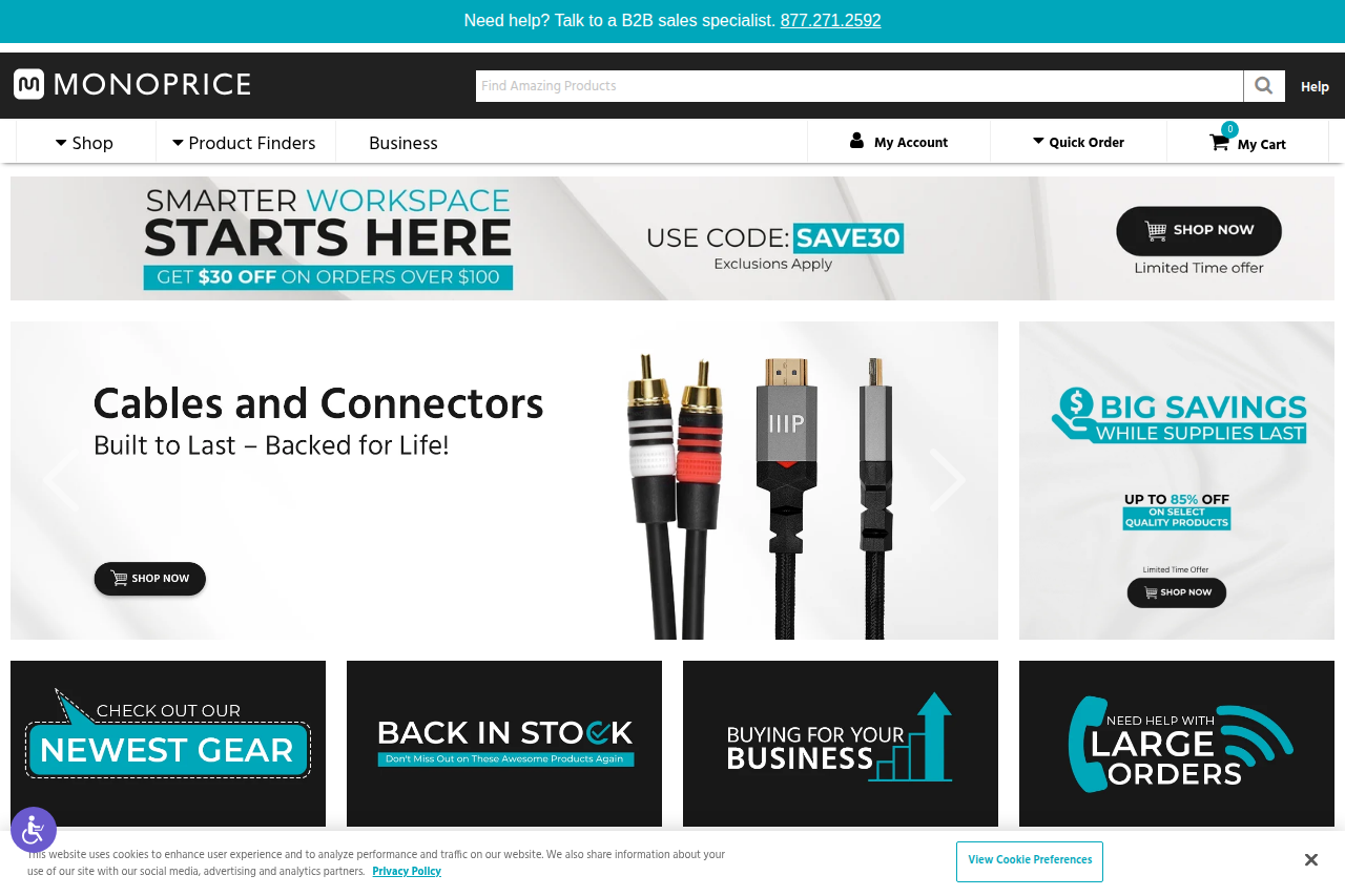 Screenshot of the Monoprice homepage