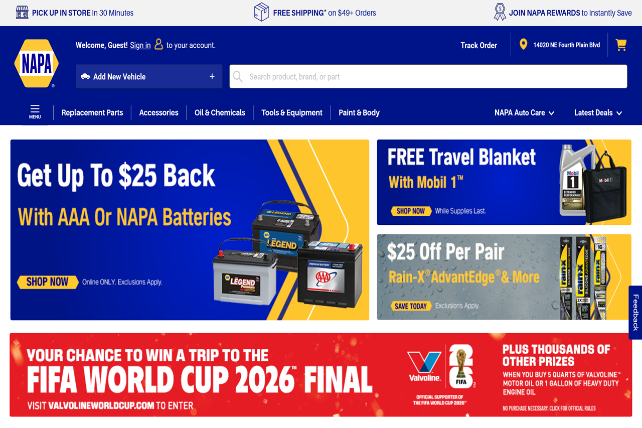 Screenshot of the NAPA Auto Parts homepage