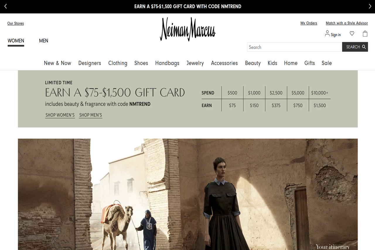 Screenshot of the Neiman Marcus homepage