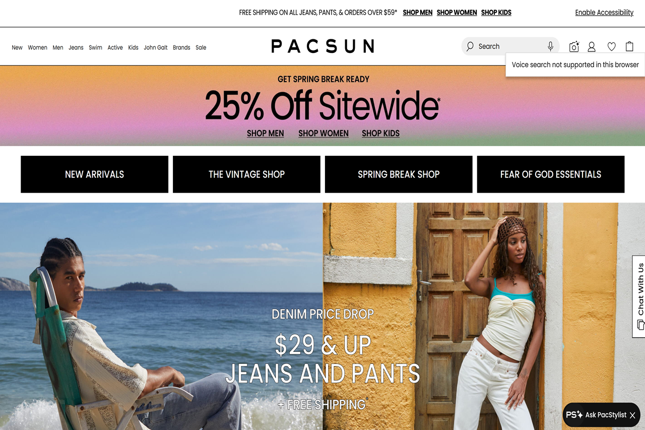 Screenshot of the PacSun homepage