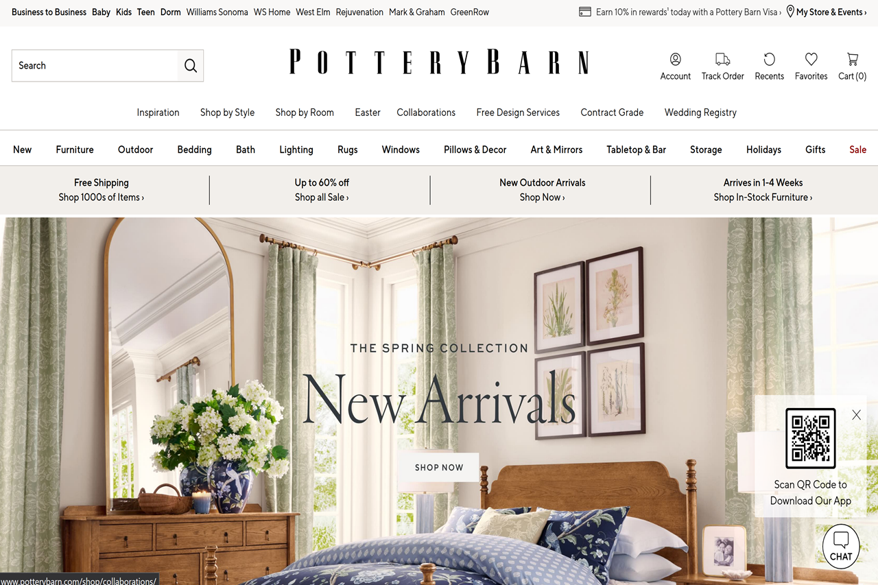 Screenshot of the Pottery Barn homepage