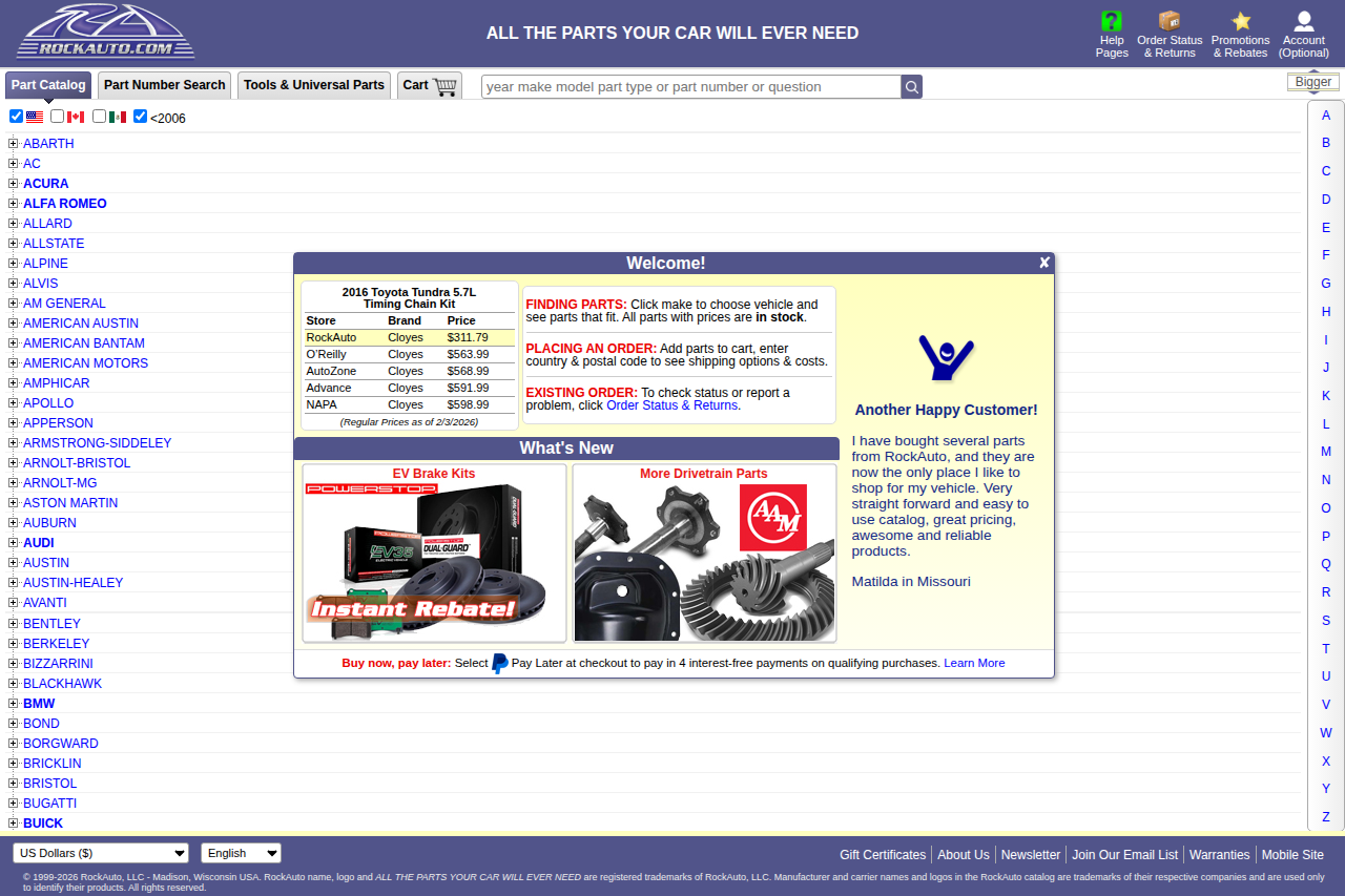 Screenshot of the RockAuto homepage