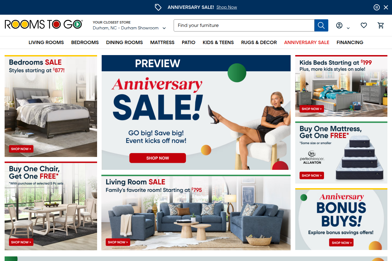 Screenshot of the Rooms To Go homepage