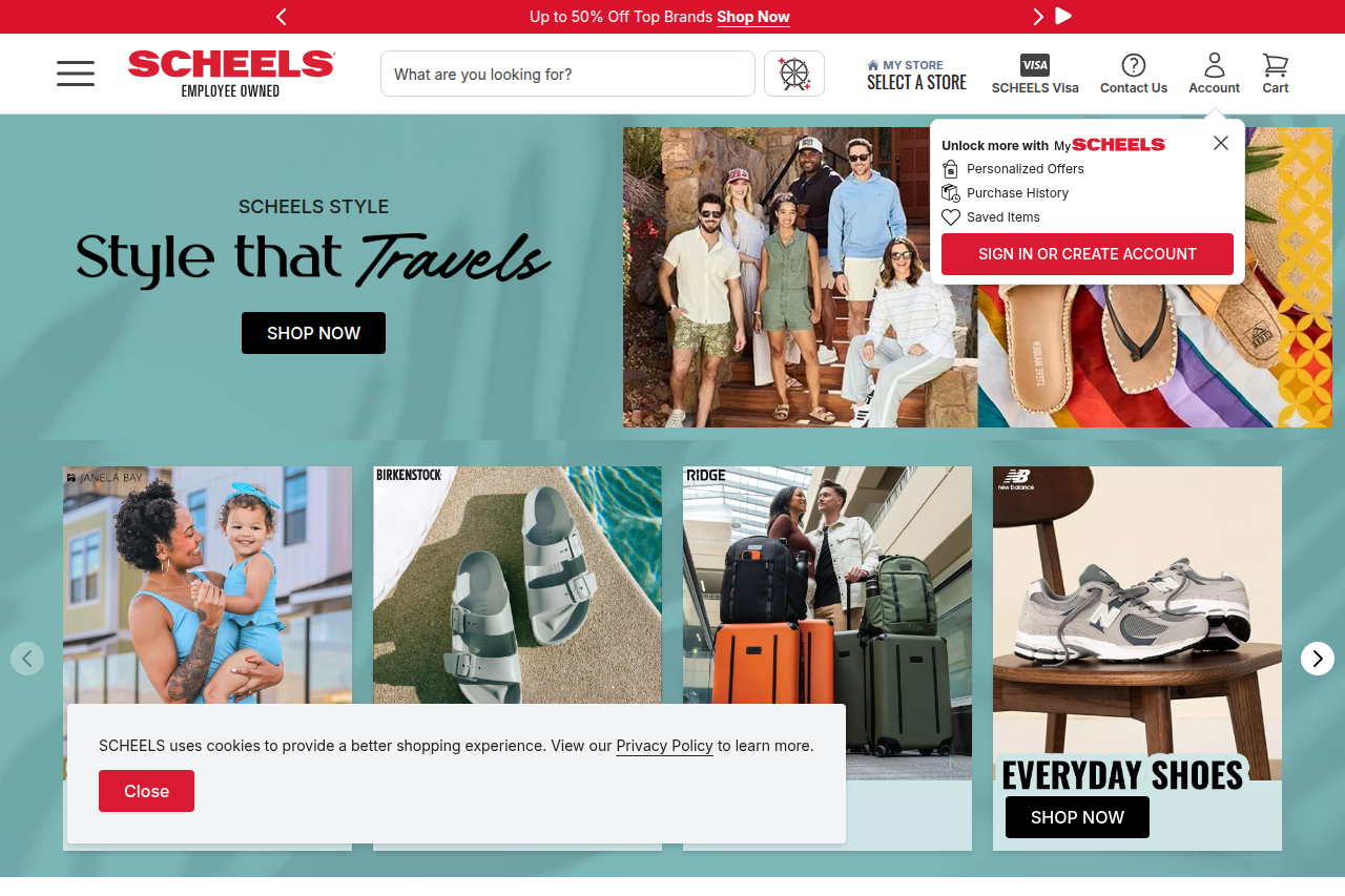 Screenshot of the Scheels homepage