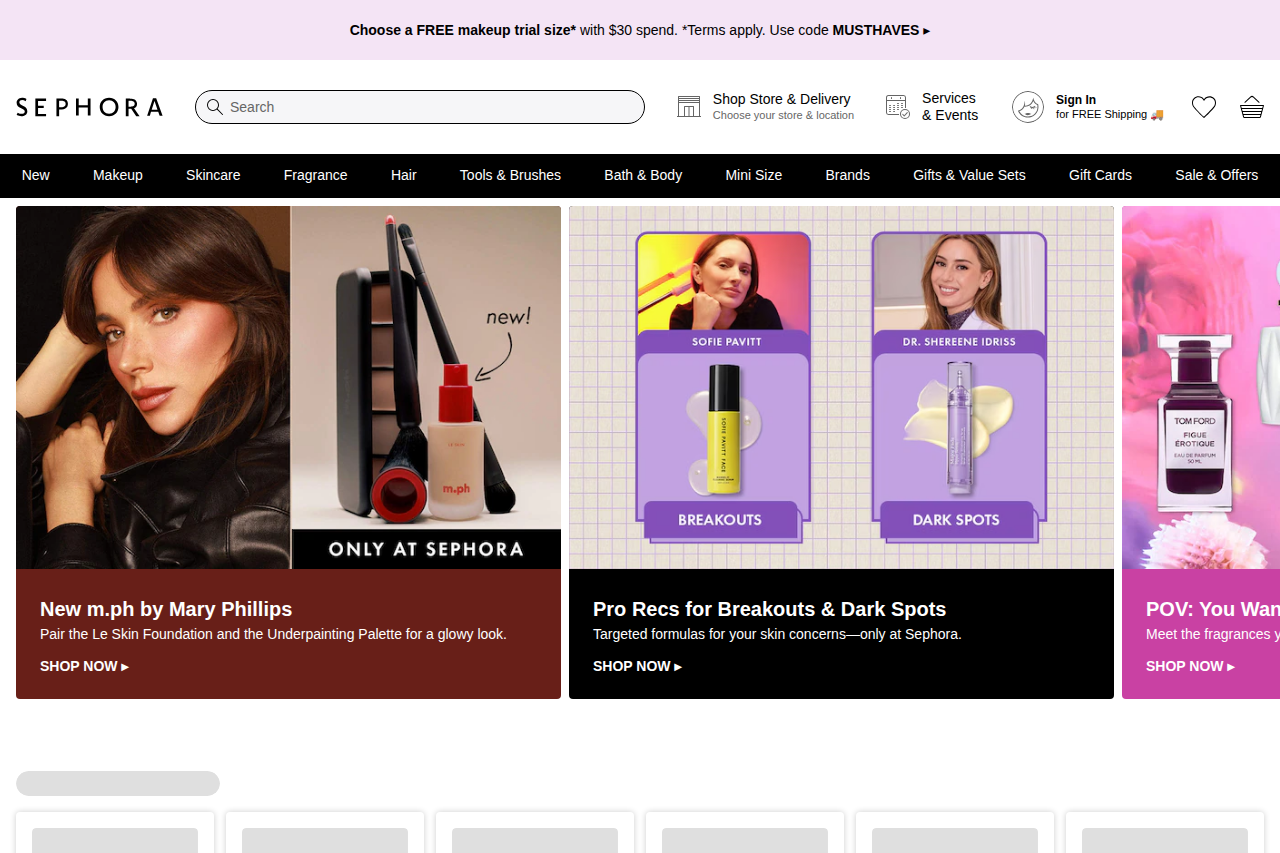 Screenshot of the Sephora homepage