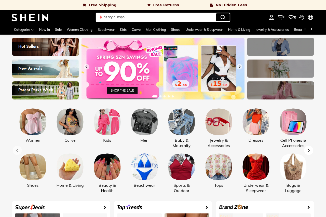 Screenshot of the Shein homepage