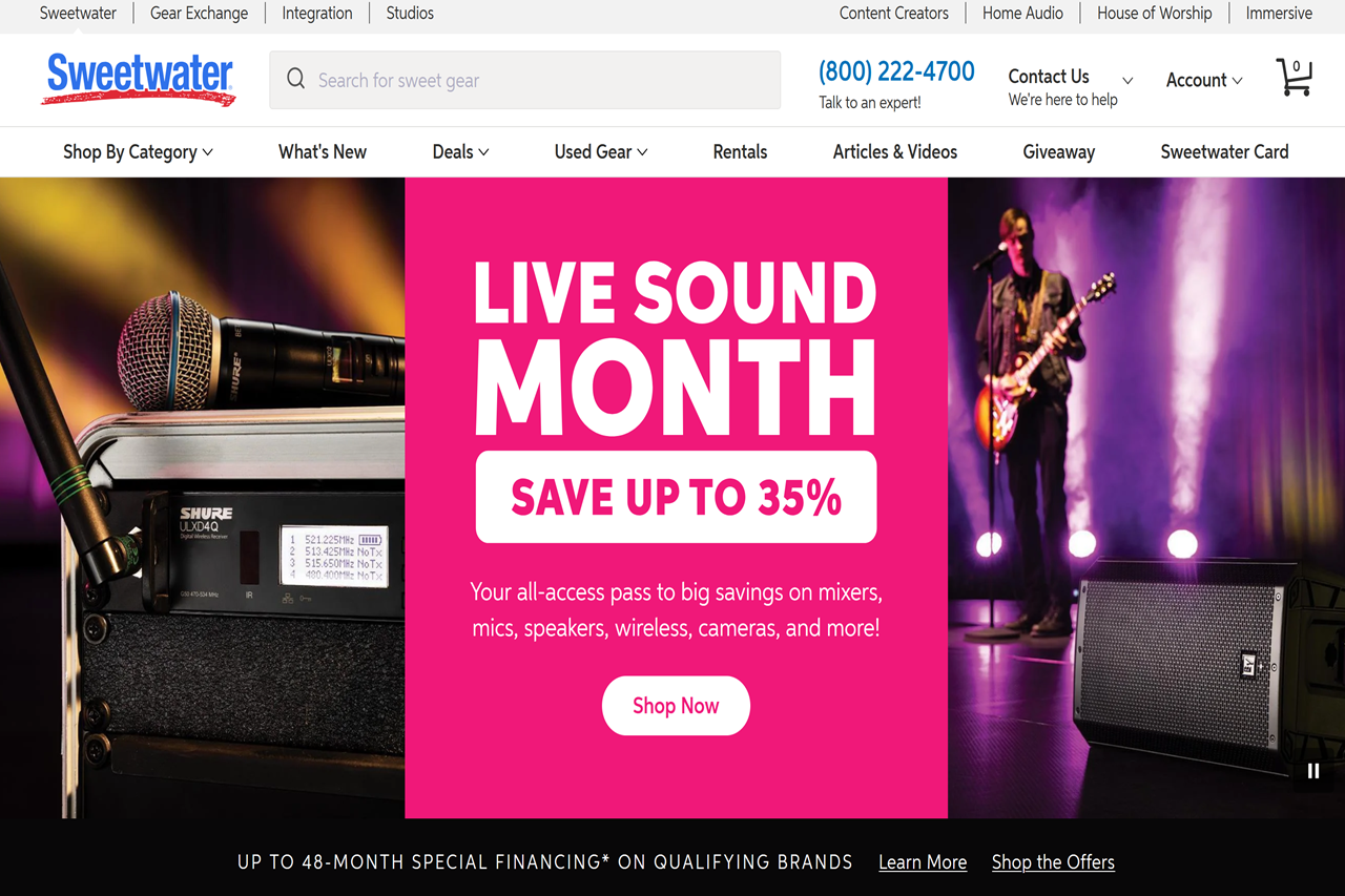 Screenshot of the Sweetwater homepage