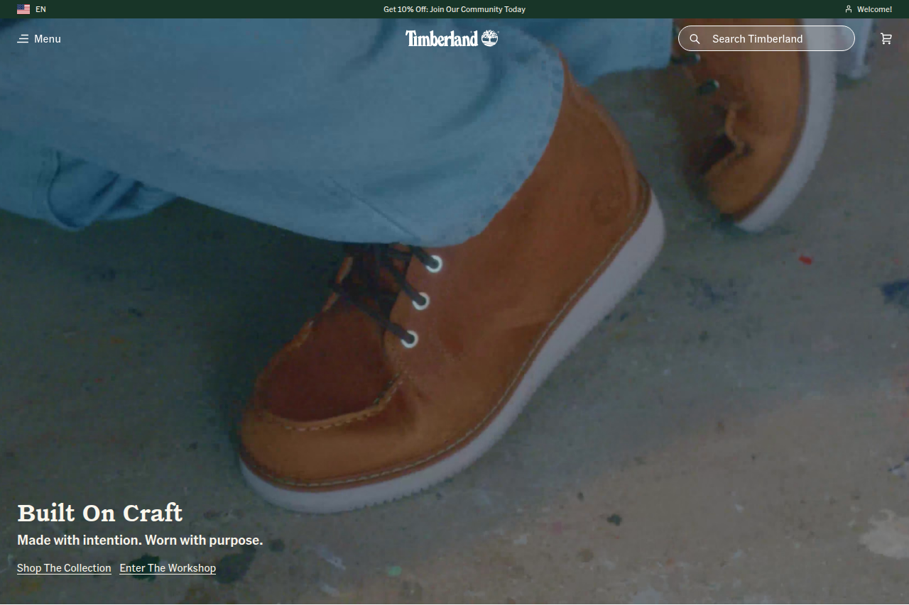 Screenshot of the Timberland homepage