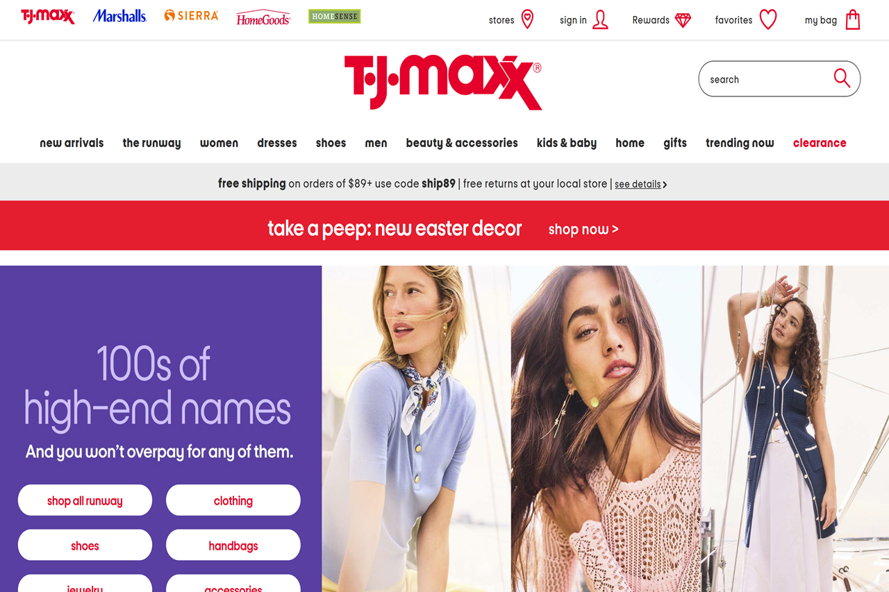 Screenshot of the TJ Maxx homepage
