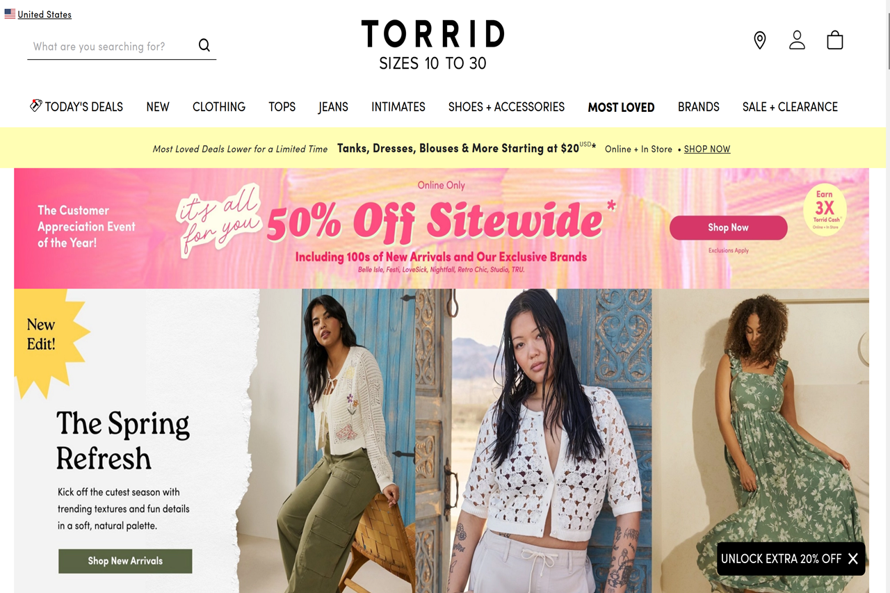 Screenshot of the Torrid homepage