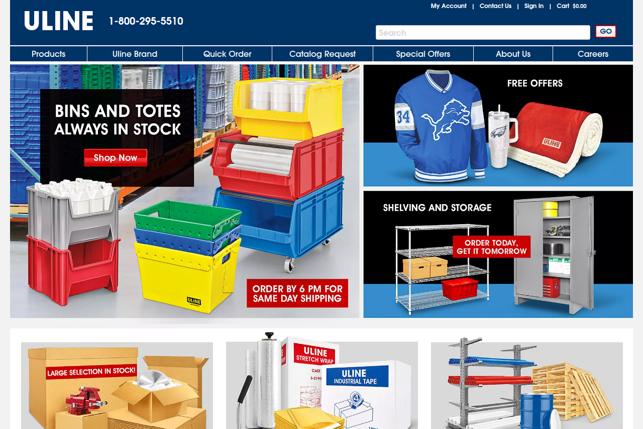 Screenshot of the Uline homepage