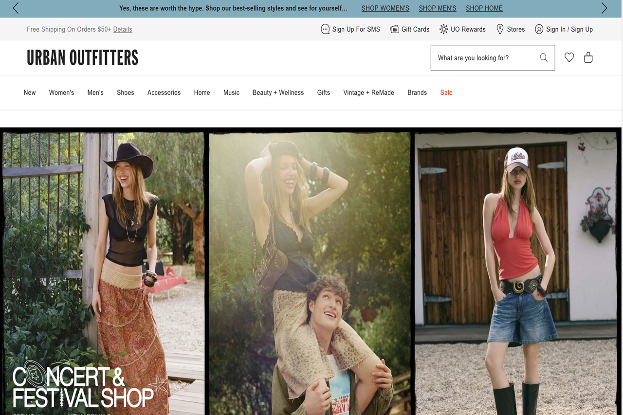 Screenshot of the Urban Outfitters homepage