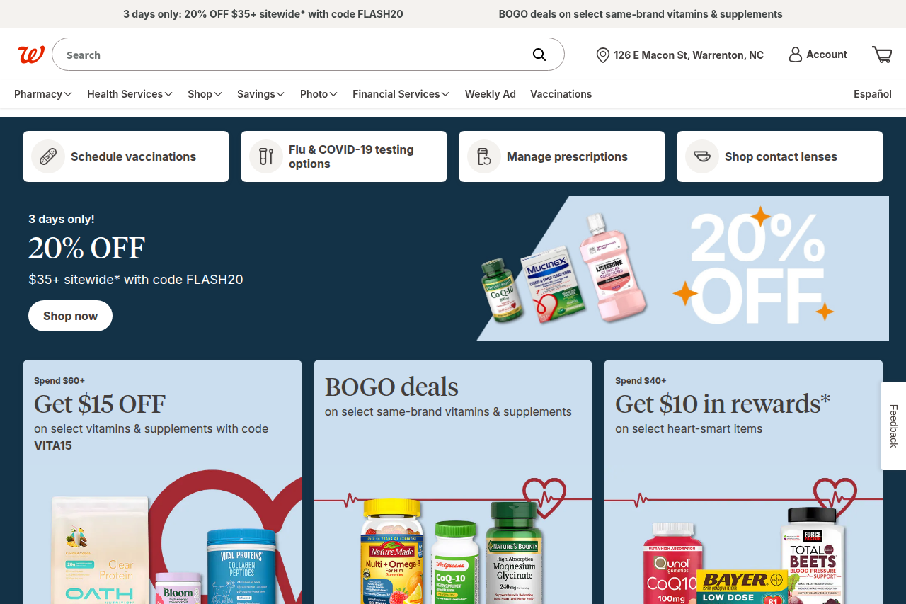 Screenshot of the Walgreens homepage