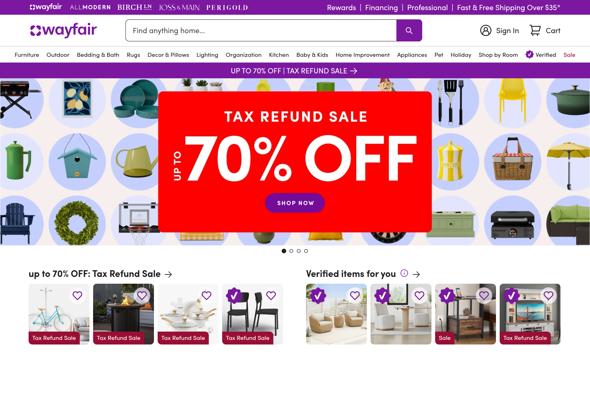 Screenshot of the Wayfair homepage
