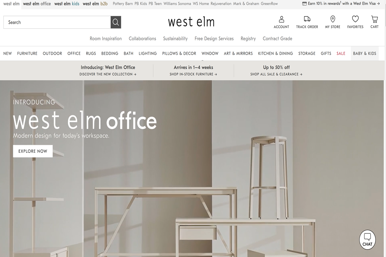 Screenshot of the West Elm homepage