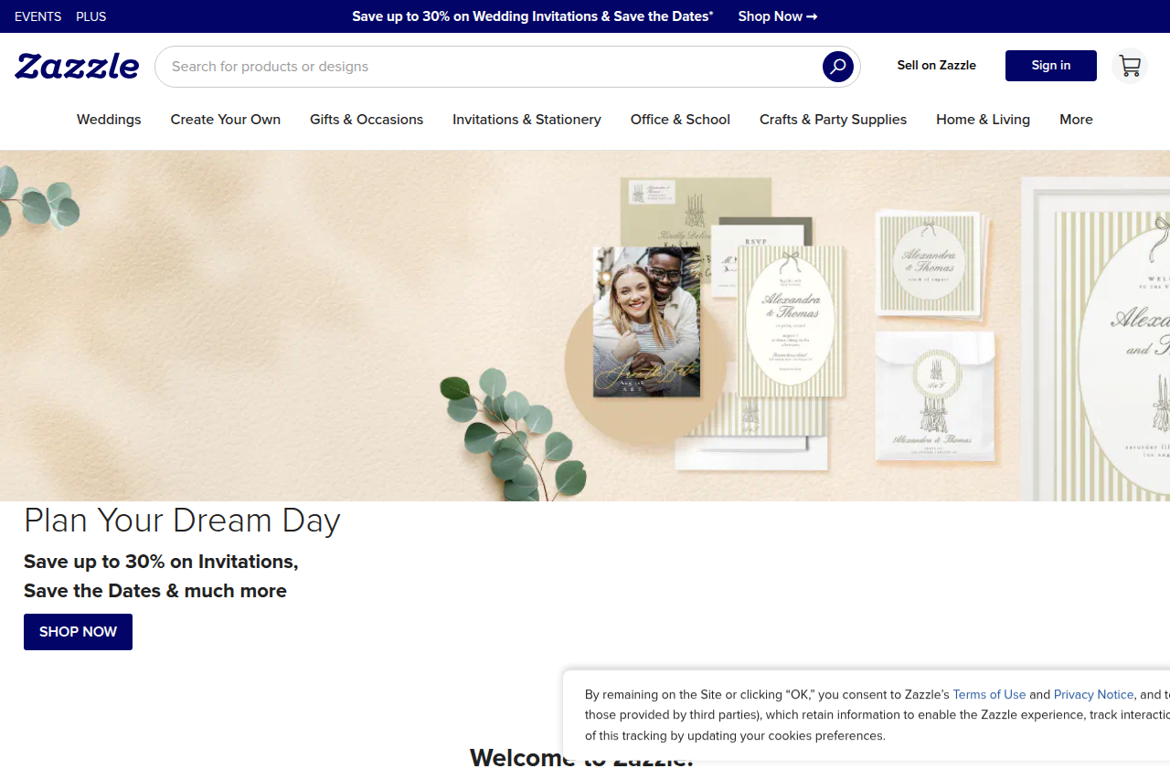 Screenshot of the Zazzle homepage